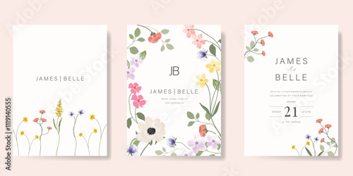 Elegant wedding invitation card background vector. Minimal hand painted watercolor botanical flowers texture template background. Design illustration for wedding, vip cover, poster, rsvp modern card.