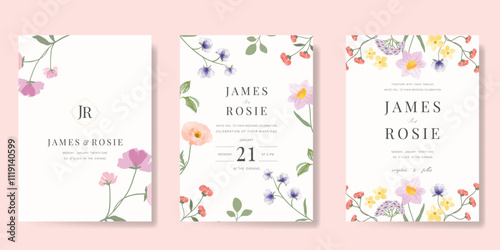 Elegant wedding invitation card background vector. Minimal hand painted watercolor botanical flowers texture template background. Design illustration for wedding, vip cover, poster, rsvp modern card.