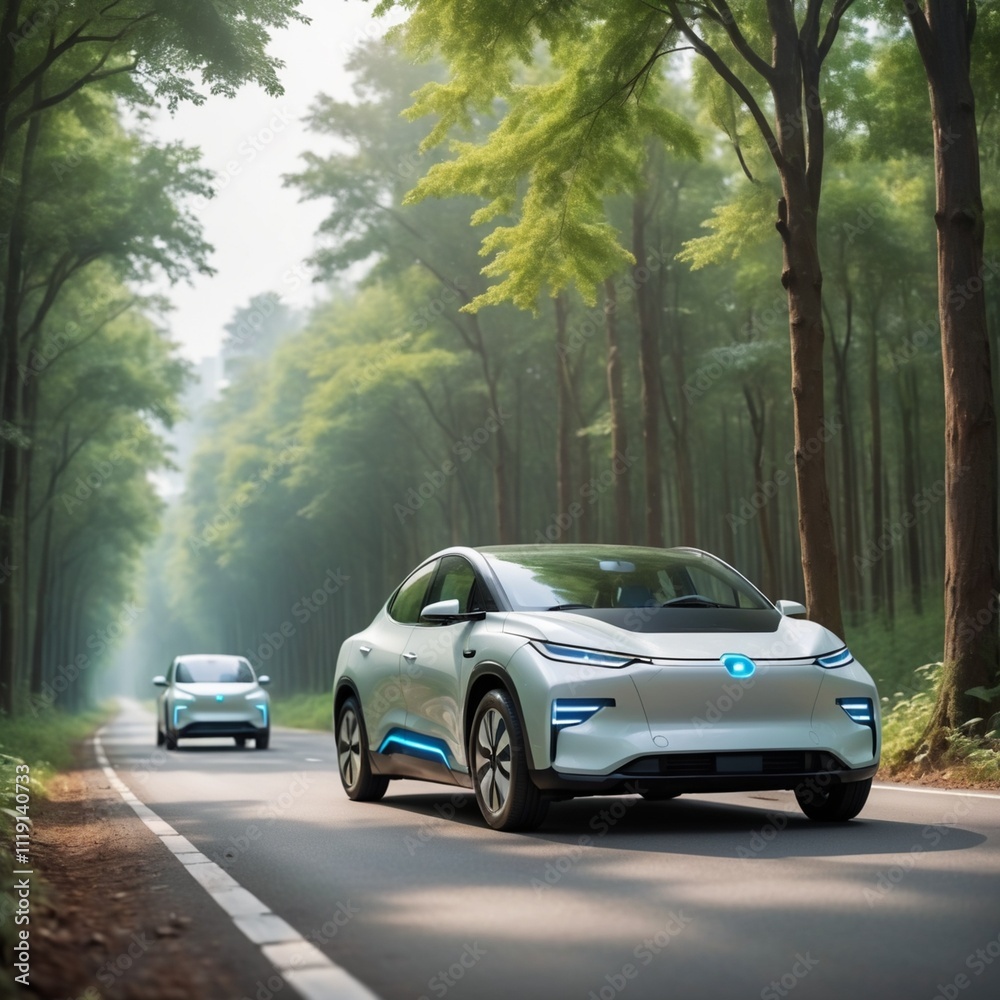 Fototapeta premium Electric car or hydrogen energy car on road midst forest and natural. Environmental friendly travel.