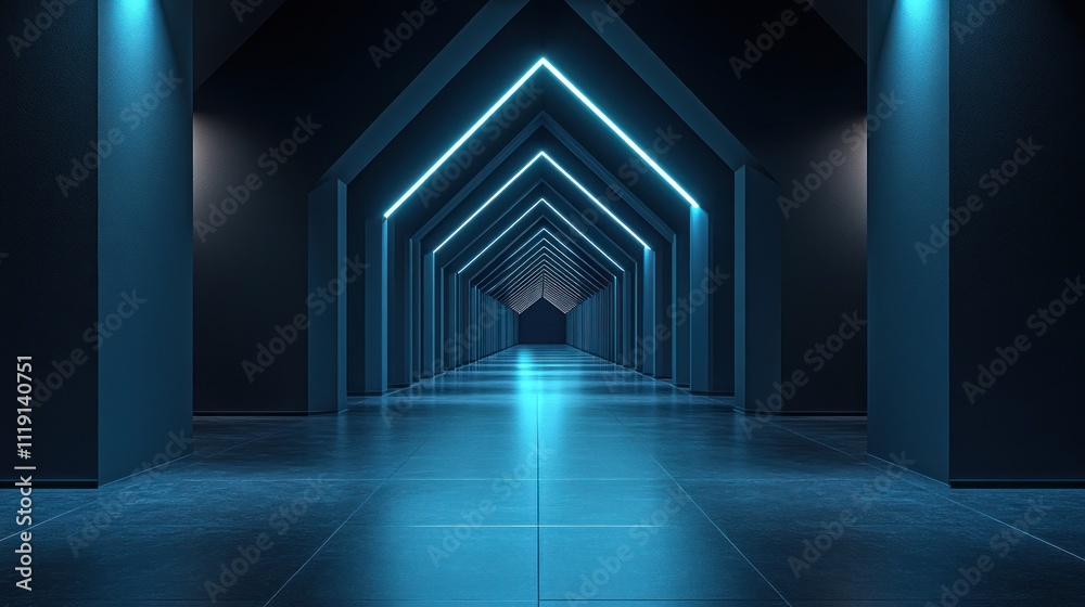 Futuristic blue neon lit corridor. Futuristic blue neon lit corridor.