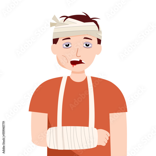 Injured face and arm cartoon character in flat design. Man with bandages on his head, black eye, adhesive bandaged arm and broken tooth.