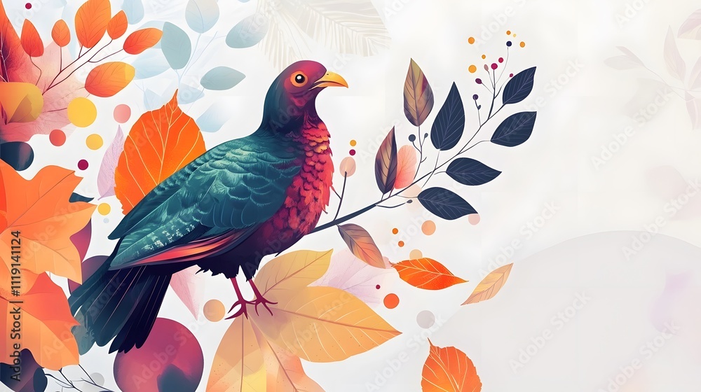 Obraz premium happy thanksgiving banner design with typography, turkey bird and abstract leaves background