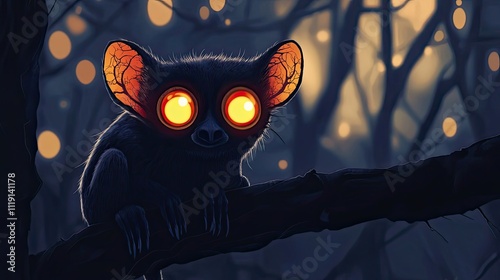 Glowing Eyed Lemur Perched on Branch at Night photo