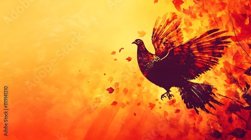 happy thanksgiving banner design with typography, turkey bird and abstract leaves background photo