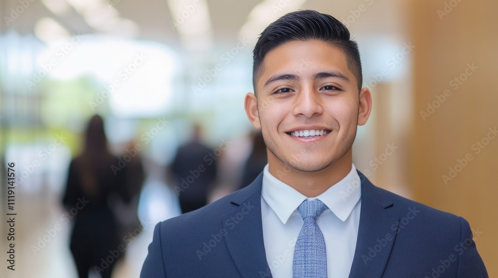 a young Mexican man wearing suit and smiling, at office building and many people walking on blur background a young Mexican man wearing suit and smiling, at office building and many people walking on blur background