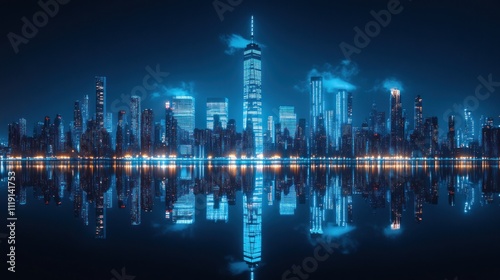 Futuristic city skyline reflected in calm water at night.