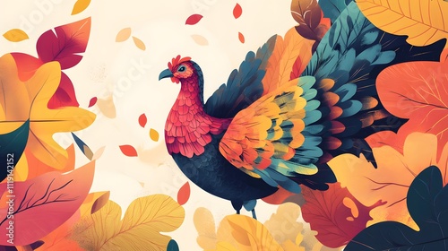 happy thanksgiving banner design with typography, turkey bird and abstract leaves background photo