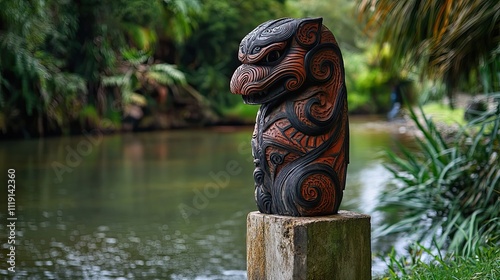 Intricate Carved Maori Sculpture By Water photo