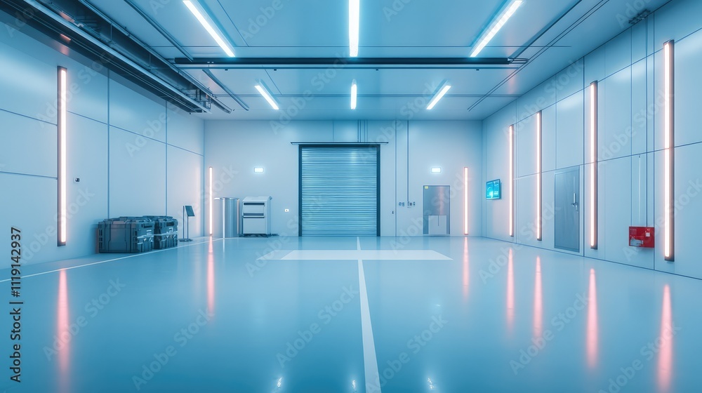 Fototapeta premium Modern High-Tech Warehouse Interior with Neon Lights and Equipment