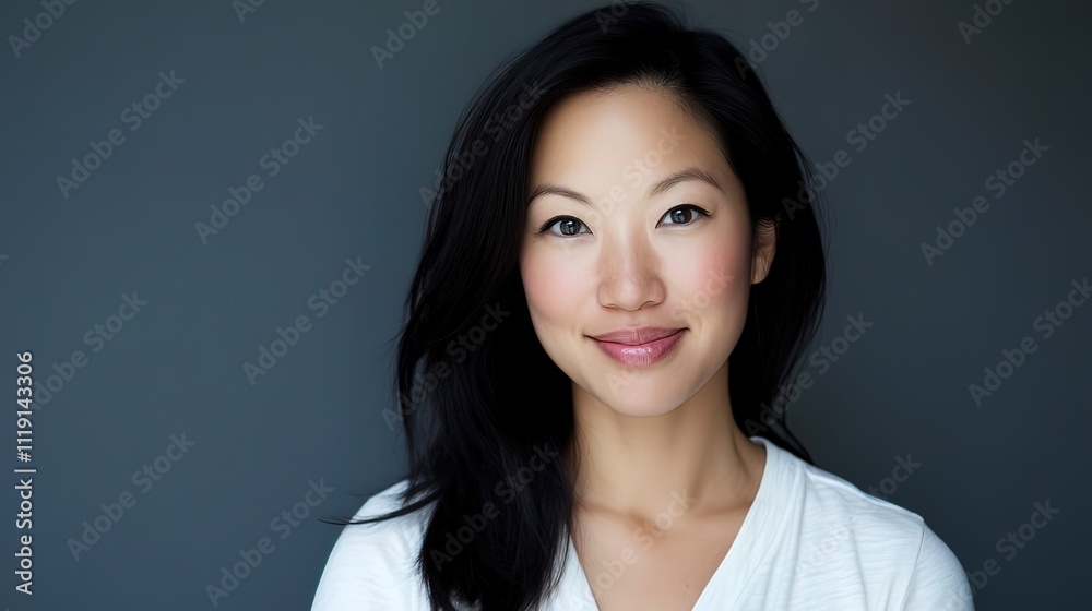 Portrait of a smiling Asian woman with long dark hair, wearing a white shirt against a gray background. Portrait of a smiling Asian woman with long dark hair, wearing a white shirt against a gray background.