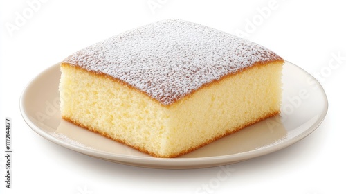 Soft and Fluffy Vanilla Cake Slice on Cream Plate with Sugar Dust