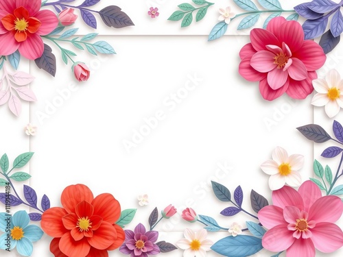 Horizontal papercut flowers and leafs background with multicolored decorative flowers border for wedding invitation, floral, multicolored