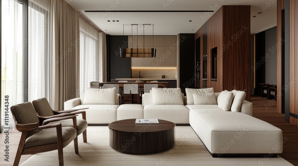 Fototapeta premium Modern Living Room Interior Design with Wooden Accents