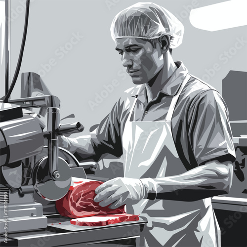 A minimalistic vector image of a meat processing worker