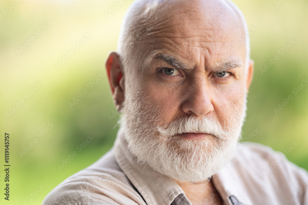Middle-aged senior grandfather close up portrait. Grey hair white beard old man. Senior serious. Face of bearded senior age man. Closeup emotional portrait of an old mature senior man with grey beard. Middle-aged senior grandfather close up portrait. Grey hair white beard old man. Senior serious. Face of bearded senior age man. Closeup emotional portrait of an old mature senior man with grey beard.