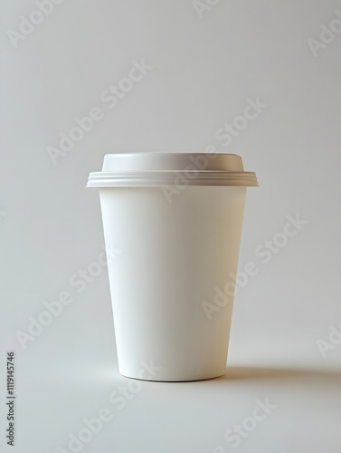 A plain white disposable coffee cup on a minimalistic background.