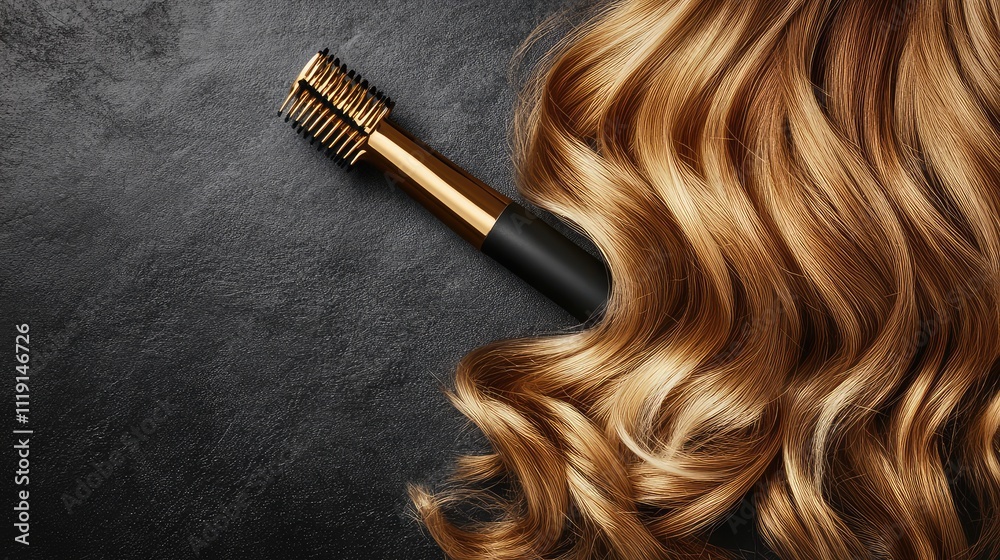 Naklejka premium Elegant Golden Hair Waves with Hair Styling Tool on Dark Surface