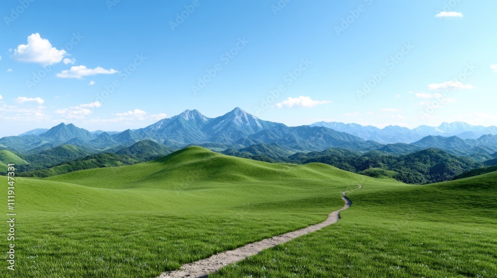 Obraz premium Scenic landscape with rolling hills and distant mountains under blue sky.