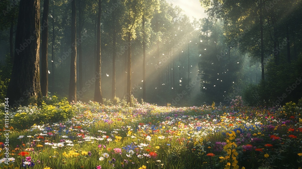 Obraz premium Sunlit forest path with wildflowers and floating particles.
