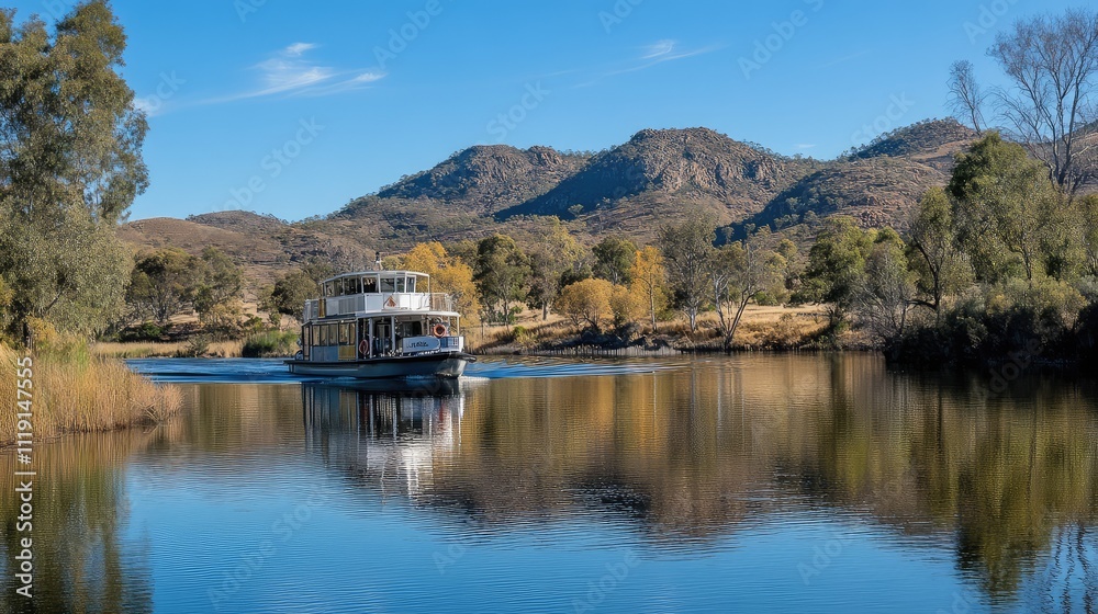 Obraz premium Scenic Riverboat Landscape with Green Hills and Clear Blue Sky
