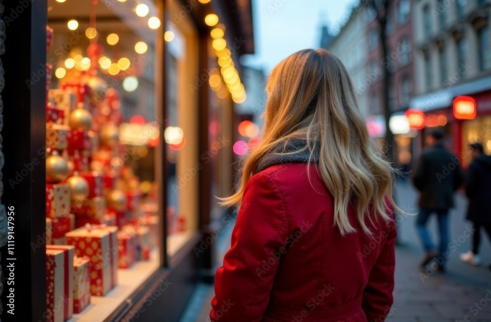 Shot from behind a blonde woman in red coat stands at a shop window, looking at Christmas decorations and gifts. Concept: Christmas stress mood, New Year, preparations for the holiday Shot from behind a blonde woman in red coat stands at a shop window, looking at Christmas decorations and gifts. Concept: Christmas stress mood, New Year, preparations for the holiday