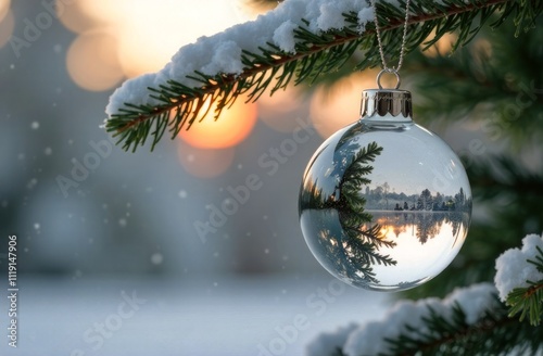 Glass mirror Christmas ball hanging on snowy fir tree, snowy forest and sunset in the background with copy space. Concept: New Year, holiday celebrations, banner for congratulations