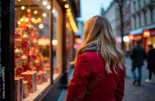 Shot from behind a blonde woman in red coat stands at a shop window, looking at Christmas decorations and gifts. Concept: Christmas stress mood, New Year, preparations for the holiday