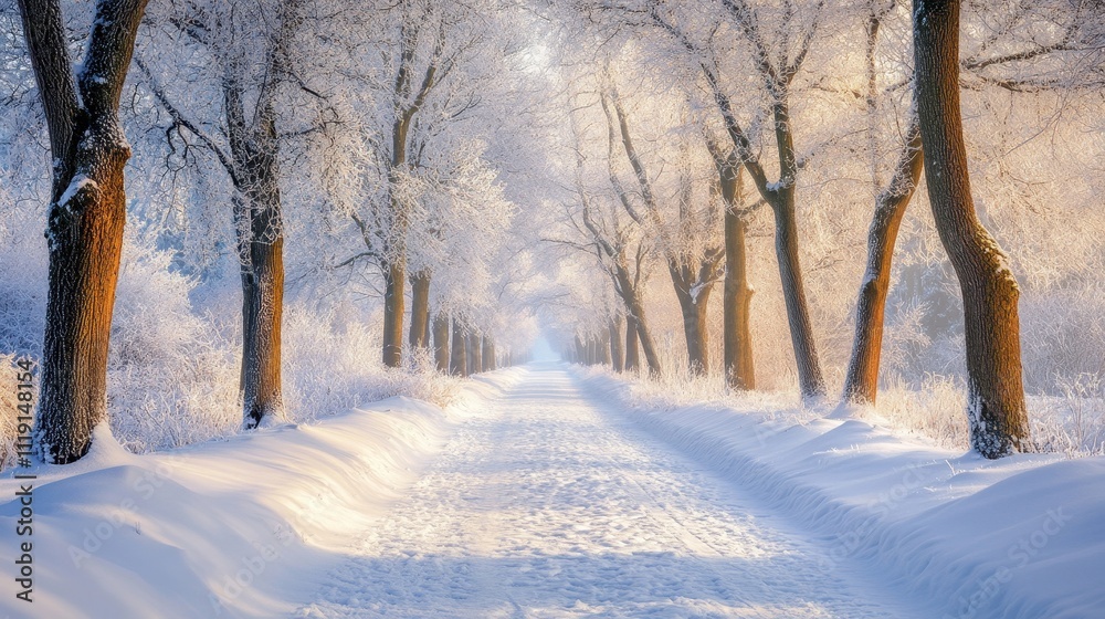 Snowy path lined with frost-covered trees in winter. Perfect for winter, holiday, or nature themes; evokes serenity and peace. Snowy path lined with frost-covered trees in winter. Perfect for winter, holiday, or nature themes; evokes serenity and peace.