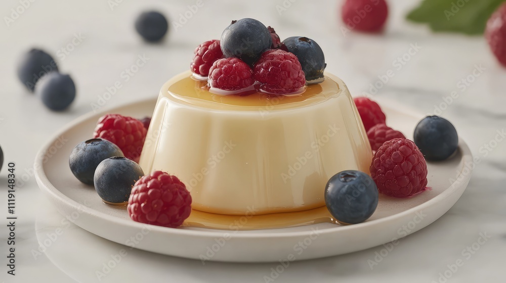 Creamy dessert with fresh berries and caramel sauce on marble table Creamy dessert with fresh berries and caramel sauce on marble table