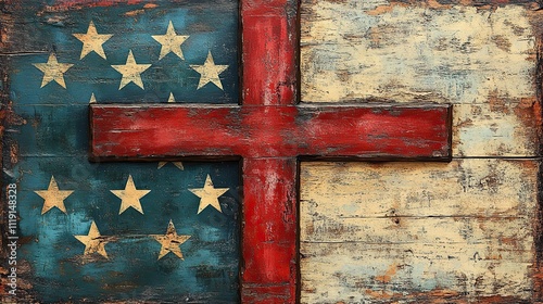 An American flag cross on a white background with vintage colors and distressed texture evokes a sense of history and patriotism