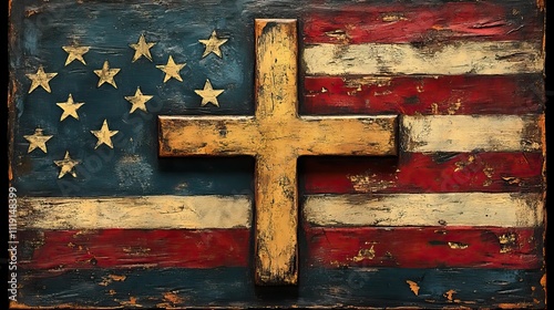 An American flag cross on a white background with vintage colors and distressed texture evokes a sense of history and patriotism