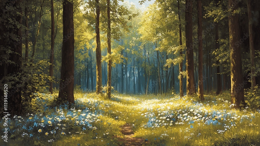 Sunlight streams through a serene forest path, carpeted in wildflowers. Sunlight streams through a serene forest path, carpeted in wildflowers.