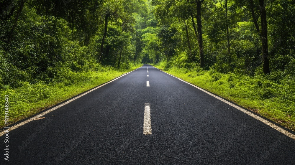 Serene Empty Road Surrounded by Lush Green Forest Landscape Serene Empty Road Surrounded by Lush Green Forest Landscape