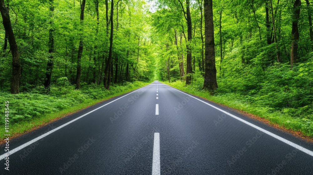 Serene Road Through Lush Green Forest Surrounded by Tall Trees Serene Road Through Lush Green Forest Surrounded by Tall Trees