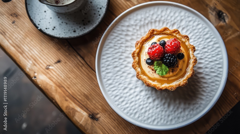 Delicious Fruit Tart with Berries on Wooden Table in Cafe Setting Delicious Fruit Tart with Berries on Wooden Table in Cafe Setting