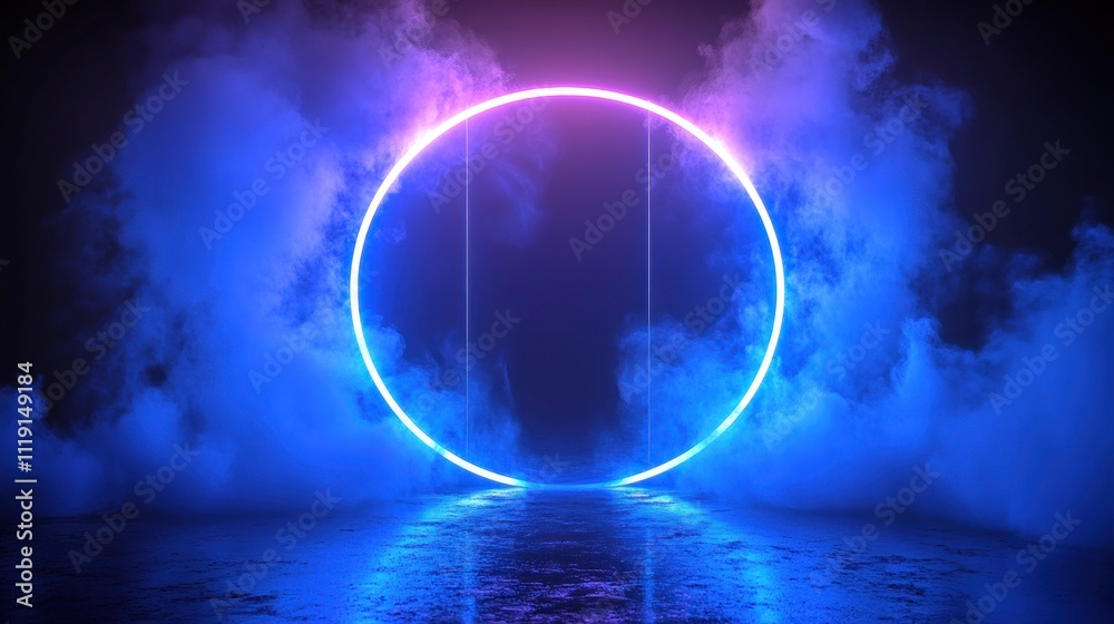 Glowing neon circle in blue and purple smoke.