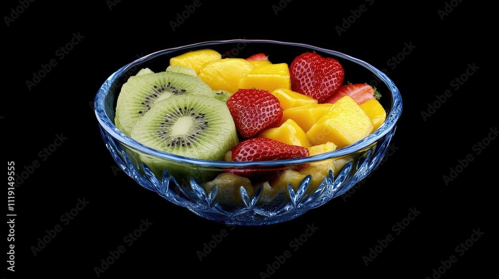 Fresh Mixed Fruit Salad in Elegant Glass Bowl on Black Background Fresh Mixed Fruit Salad in Elegant Glass Bowl on Black Background