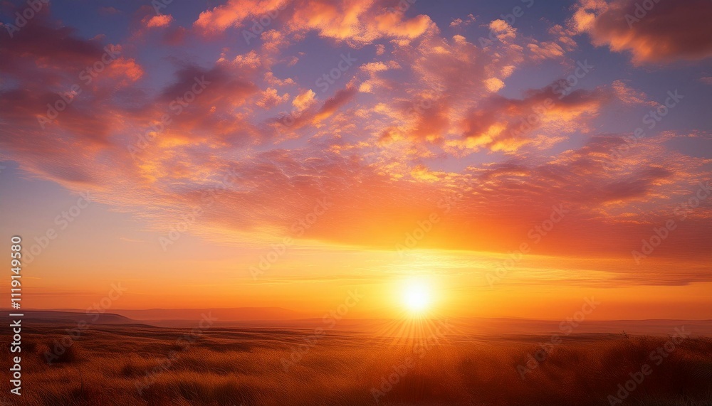 Fototapeta premium Golden sun ascending in a vivid morning sky, casting warm orange and pink tones, symbolizing renewal and the beauty of nature