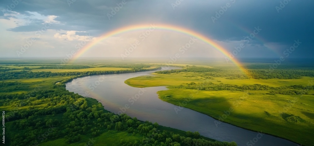 Aerial view of a rainbow over a river flowing through a lush green landscape. Aerial view of a rainbow over a river flowing through a lush green landscape.