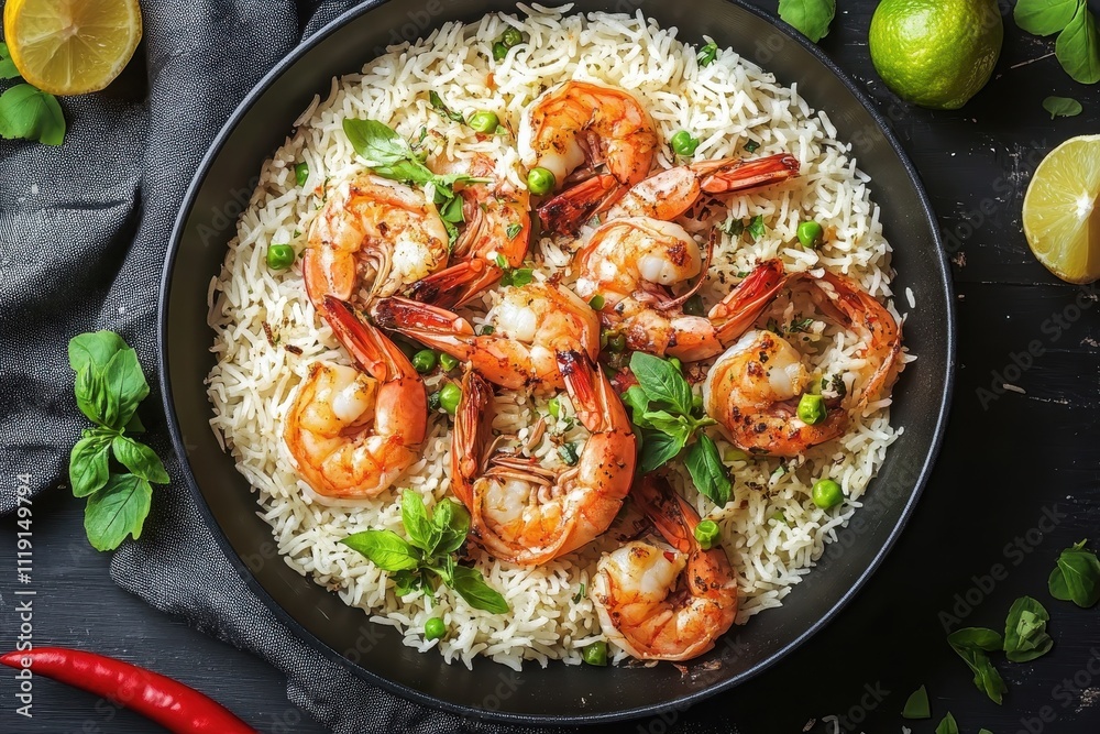 Delicious shrimp and rice dish, garnished with basil and peas. Perfect for restaurant menus, food blogs, or culinary websites showcasing seafood recipes.