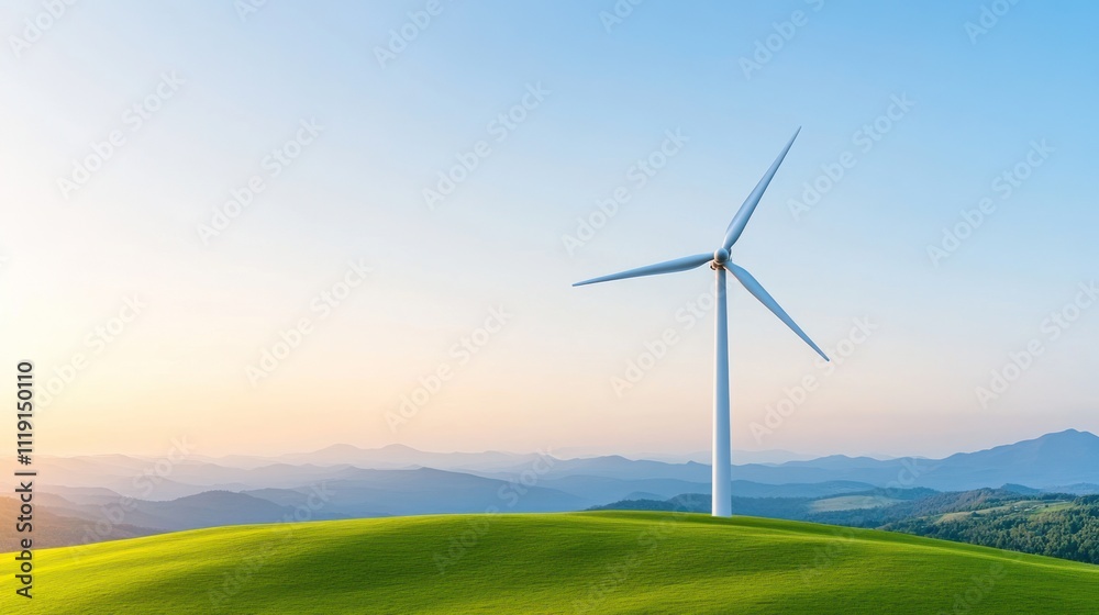 Obraz premium Wind turbine on a grassy hill with mountains in the background.