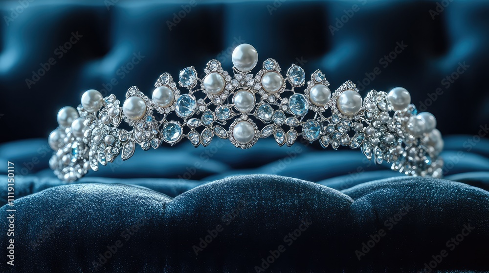 Elegant silver tiara adorned with pearls and blue gemstones on velvet Elegant silver tiara adorned with pearls and blue gemstones on velvet