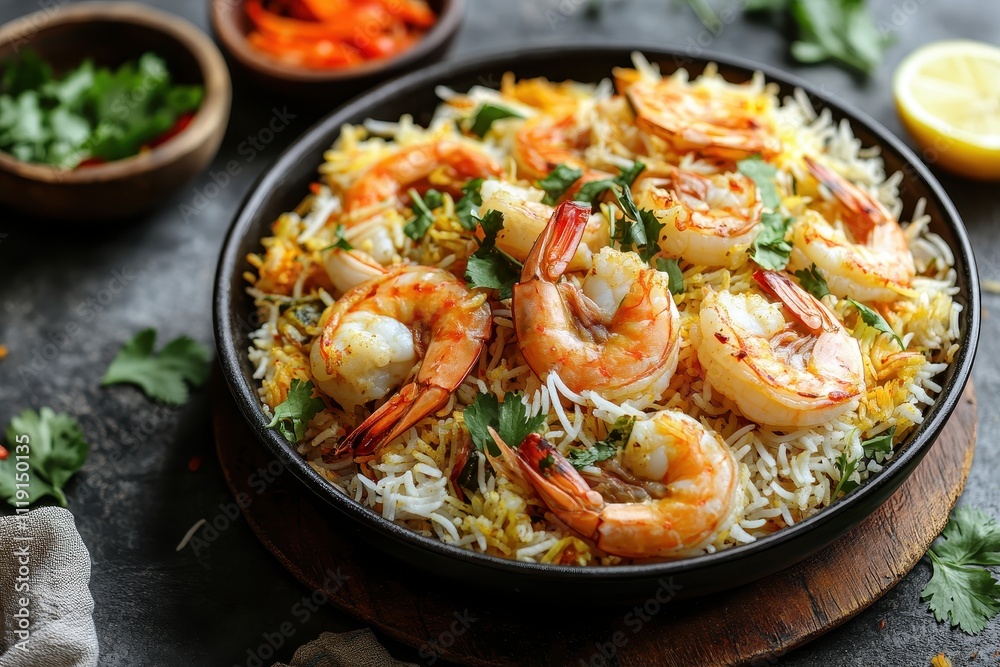 Delicious shrimp biryani in a black pan. Perfect for illustrating Indian cuisine, food blogs, or restaurant menus. Delicious shrimp biryani in a black pan. Perfect for illustrating Indian cuisine, food blogs, or restaurant menus.
