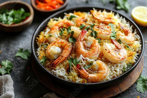 Delicious shrimp biryani in a black pan. Perfect for illustrating Indian cuisine, food blogs, or restaurant menus.