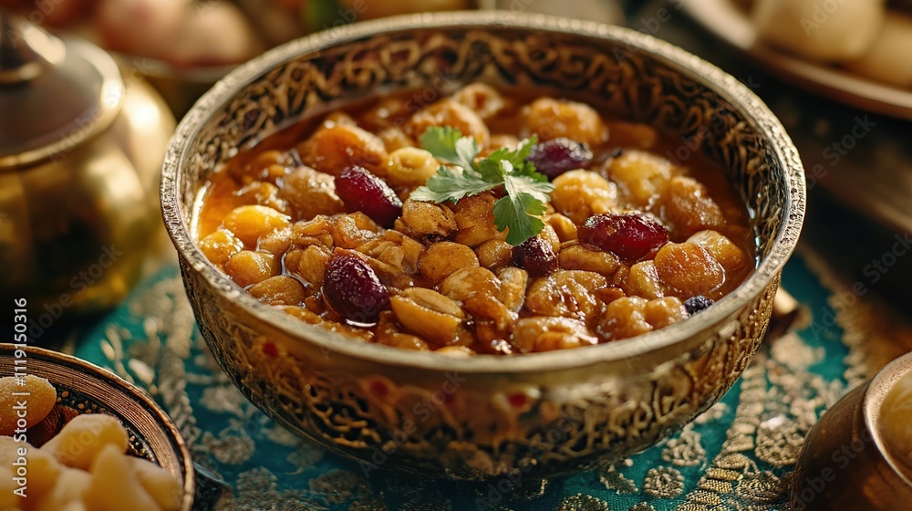 Aromatic stew in ornate bowl, garnished with cilantro. Aromatic stew in ornate bowl, garnished with cilantro.