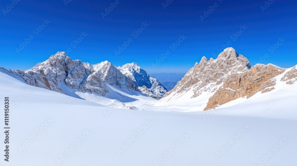 Fototapeta premium Snowy mountain landscape under a clear blue sky.