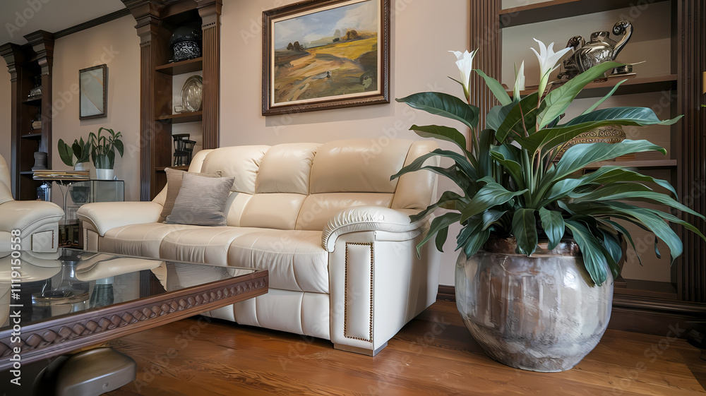 Modern living room featuring a beige leather sofa, decorative artwork, and a large potted plant for a cozy ambiance.