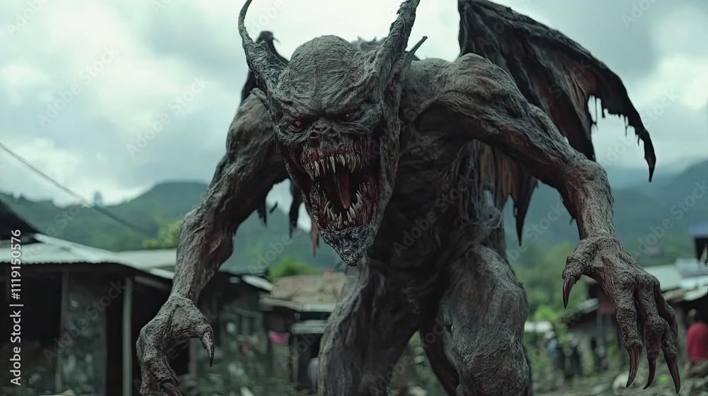 Fototapeta premium Ferocious Winged Beast Approaching Village