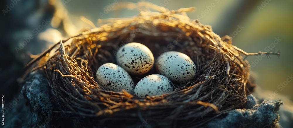 Four speckled bird eggs in a nest of twigs and branches with a soft blurry background. Four speckled bird eggs in a nest of twigs and branches with a soft blurry background.
