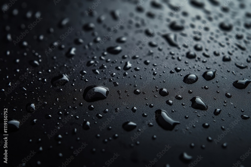 Close-up of water droplets on a dark surface. Perfect for backgrounds or concepts related to water resistance, cleanliness, or purity. Close-up of water droplets on a dark surface. Perfect for backgrounds or concepts related to water resistance, cleanliness, or purity.